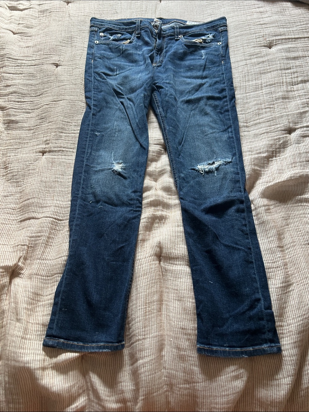 rag & bone dark blue straight leg distressed jeans